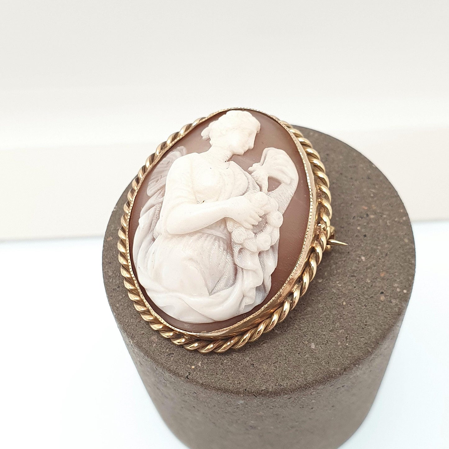 Antique 9ct Gold Cameo Brooch Psyche Greek Goddess Butterfly Wing Solid 9k 9kt Mount High Relief Vintage Womens Jewellery Jewelry