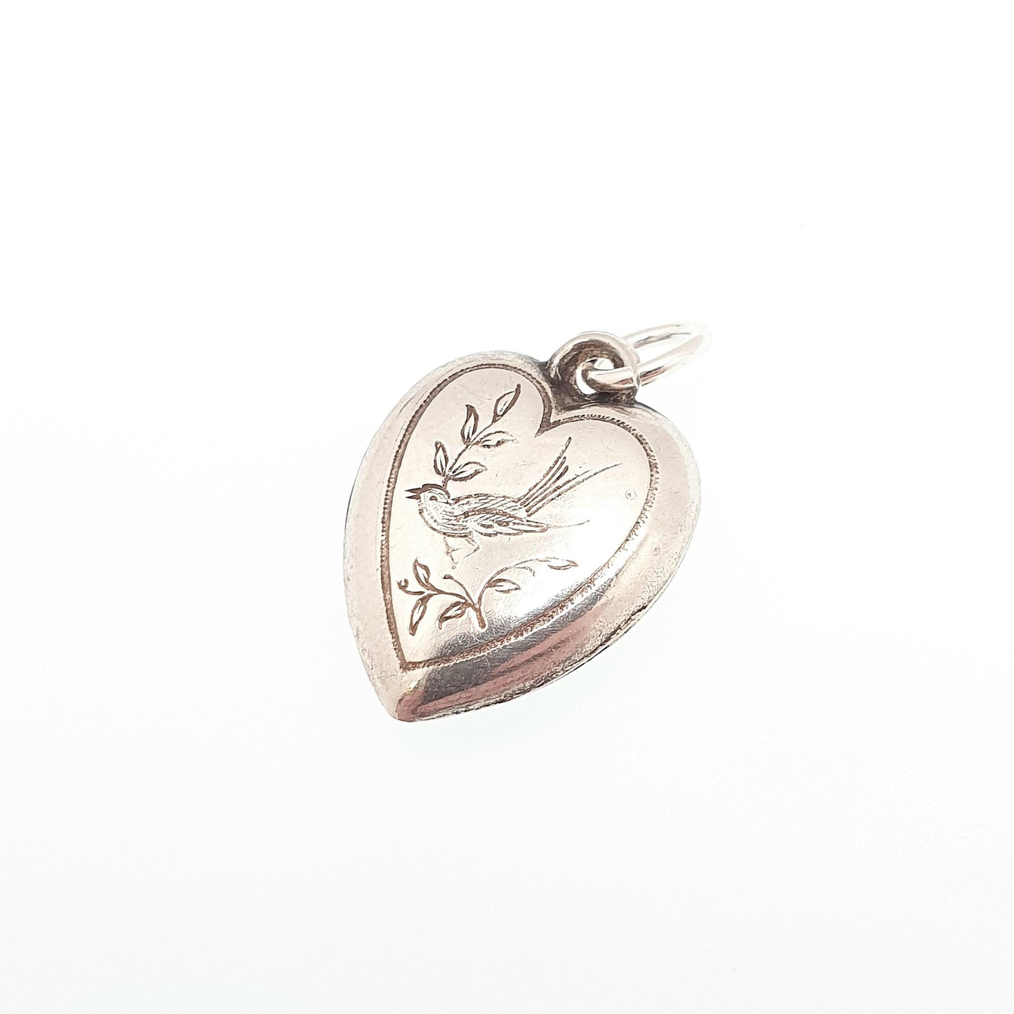 Antique Victorian Sterling Silver Heart Bird Necklace Pendant Engraved Charm Cute Sweetheart Jewelry Vintage Jewellery