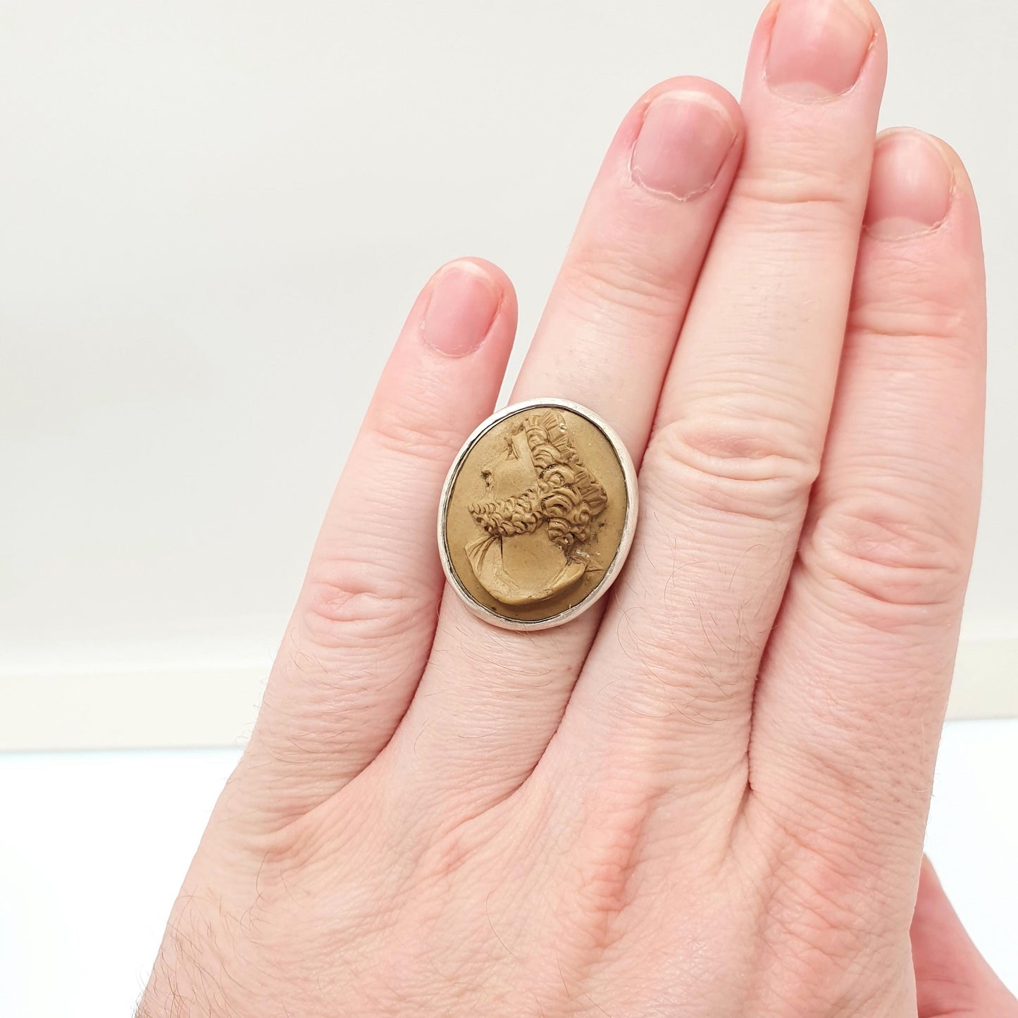 Antique Solid Silver Lava Cameo Ring Victorian Male King Crown Hand Carved Naples Pompeii  Signet Italian Jewelry Jewellery