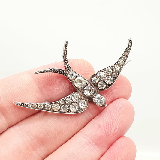 Antique Sterling Silver Victorian Paste Bird Brooch Diamond Foiled Pastes Swallow Large Big Birds Vintage 1800s Parisian Diamond Company