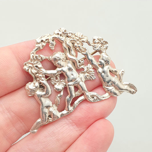 Antique Solid Silver Cherub Brooch Victorian Large Art Nouveau 1800s Ornate Vintage Jewelry Jewellery
