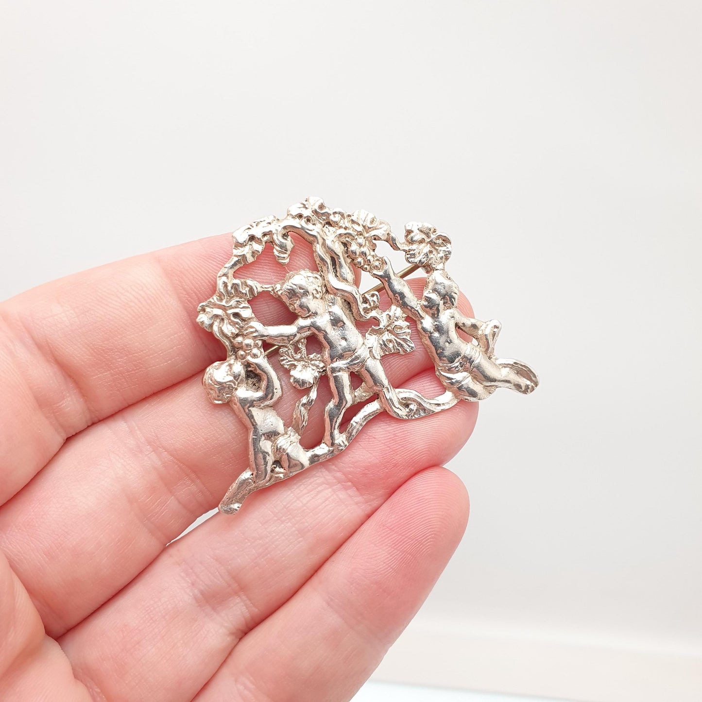 Antique Solid Silver Cherub Brooch Victorian Large Art Nouveau 1800s Ornate Vintage Jewelry Jewellery