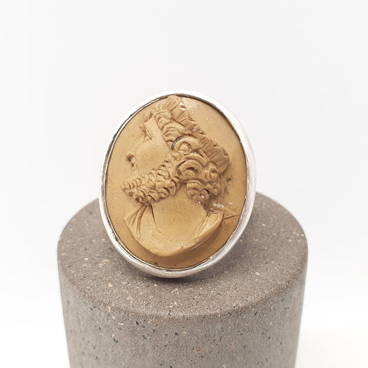 Antique Solid Silver Lava Cameo Ring Victorian Male King Crown Hand Carved Naples Pompeii  Signet Italian Jewelry Jewellery