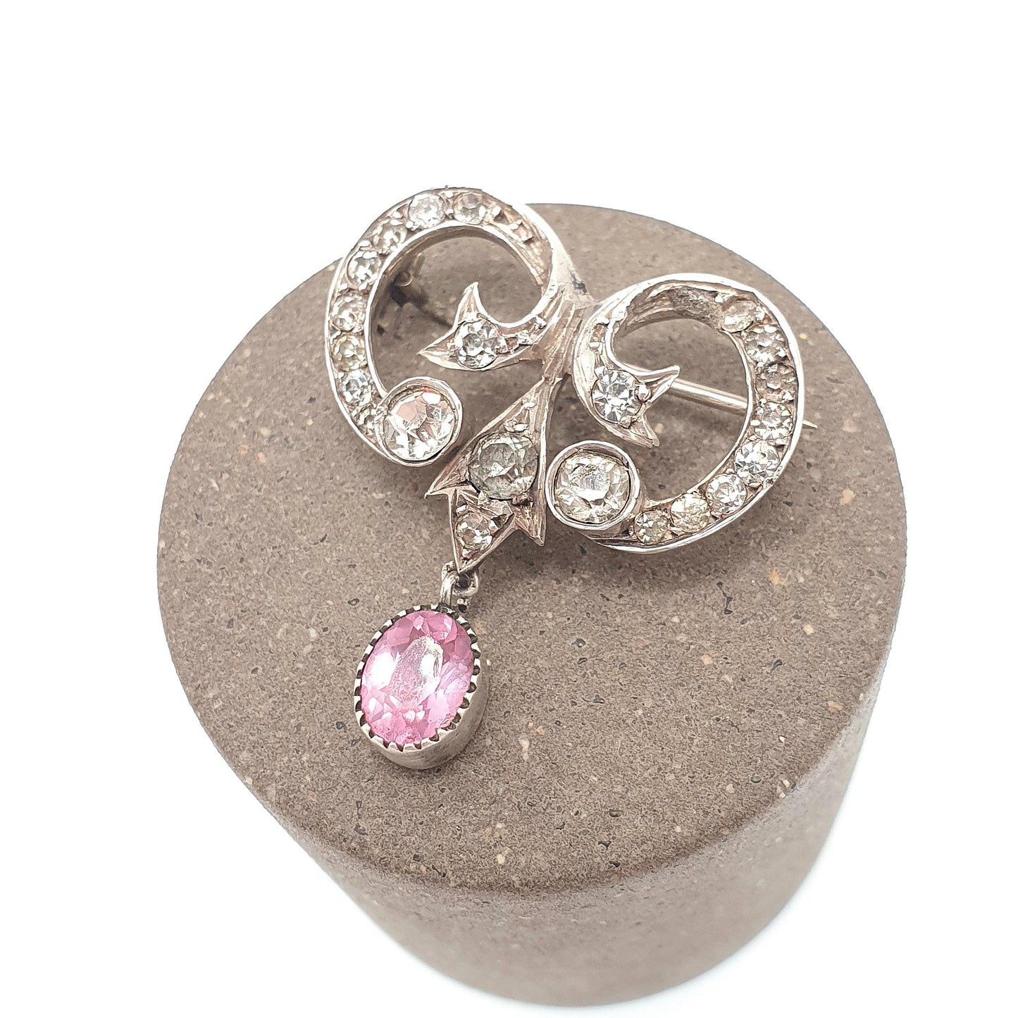 Antique Solid Silver Pink Diamond Paste Brooch Art Nouveau 1800s Victorian Sparkly Vintage Jewelry Jewellery