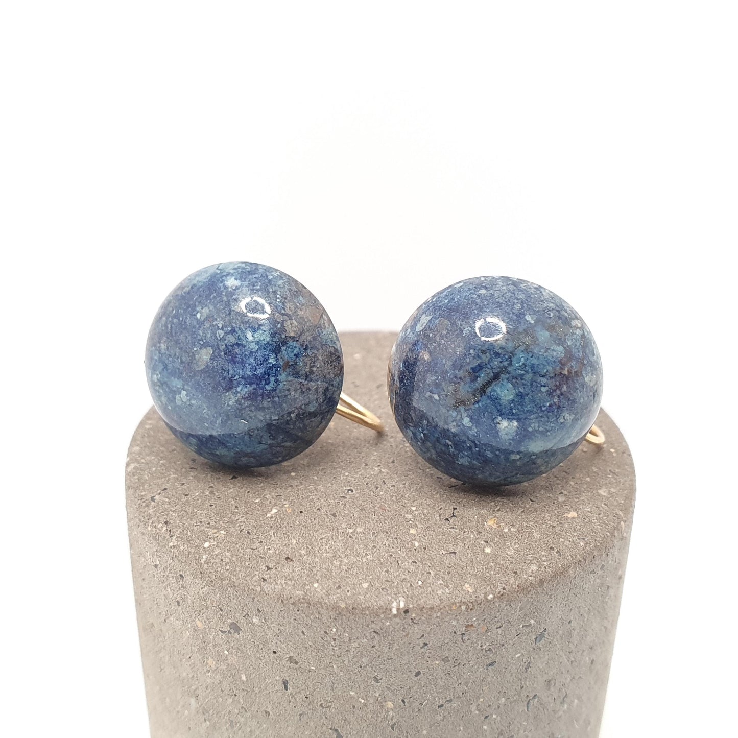 Antique 9k 9ct Gold Sodalite Earrings Large Blue Gemstone Art Deco Solid 9 Carat 375 Dome Cabochon Vintage Jewelry Jewellery