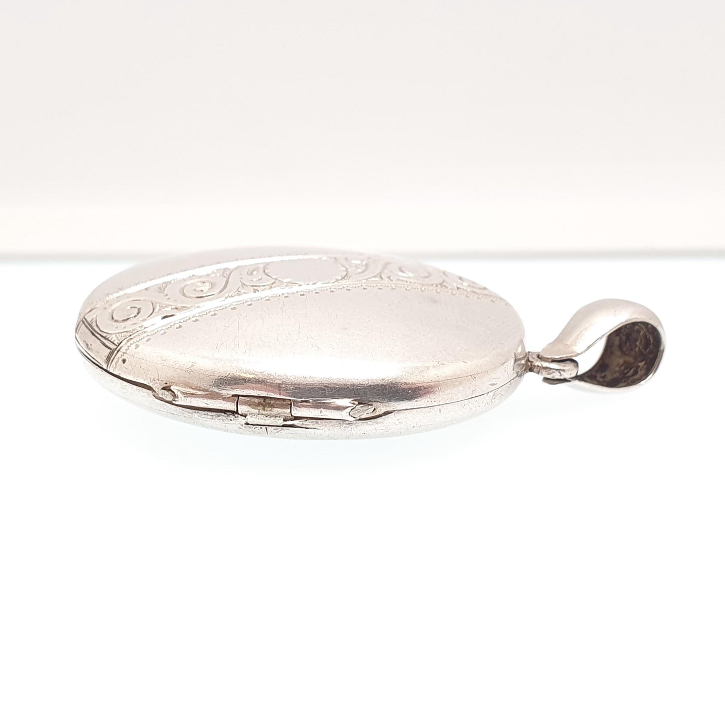 Antique Victorian Solid Silver Locket Hand Engraved Band Oval Large Big Pendant Picture Photo Vintage Womens Jewelry Jewellery