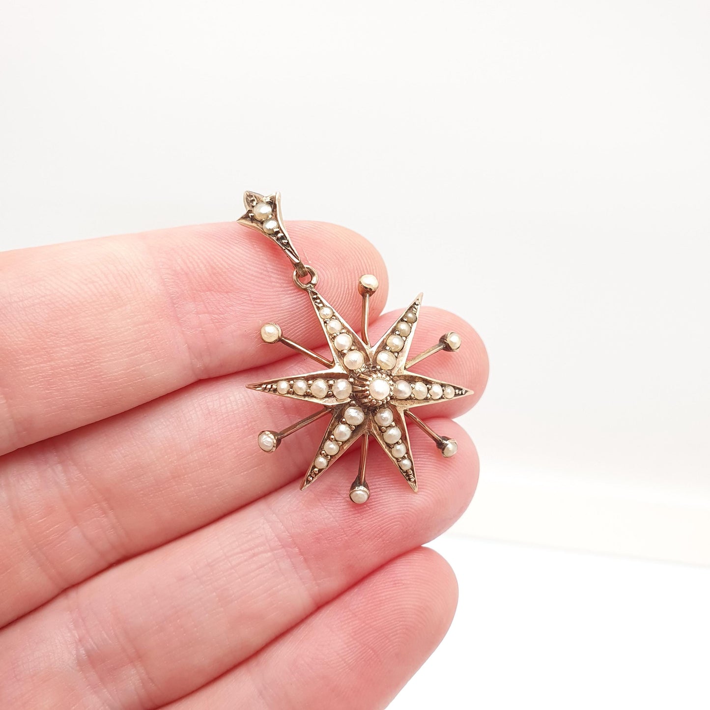 Antique 9ct Gold Star Pendant Seed Pearl Necklace Victorian Solid 9k 9kt 375 Celestial Vintage Jewellery Jewelry