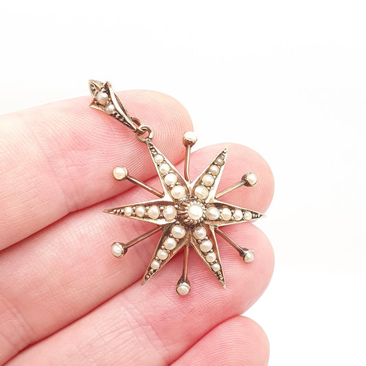 Antique 9ct Gold Star Pendant Seed Pearl Necklace Victorian Solid 9k 9kt 375 Celestial Vintage Jewellery Jewelry