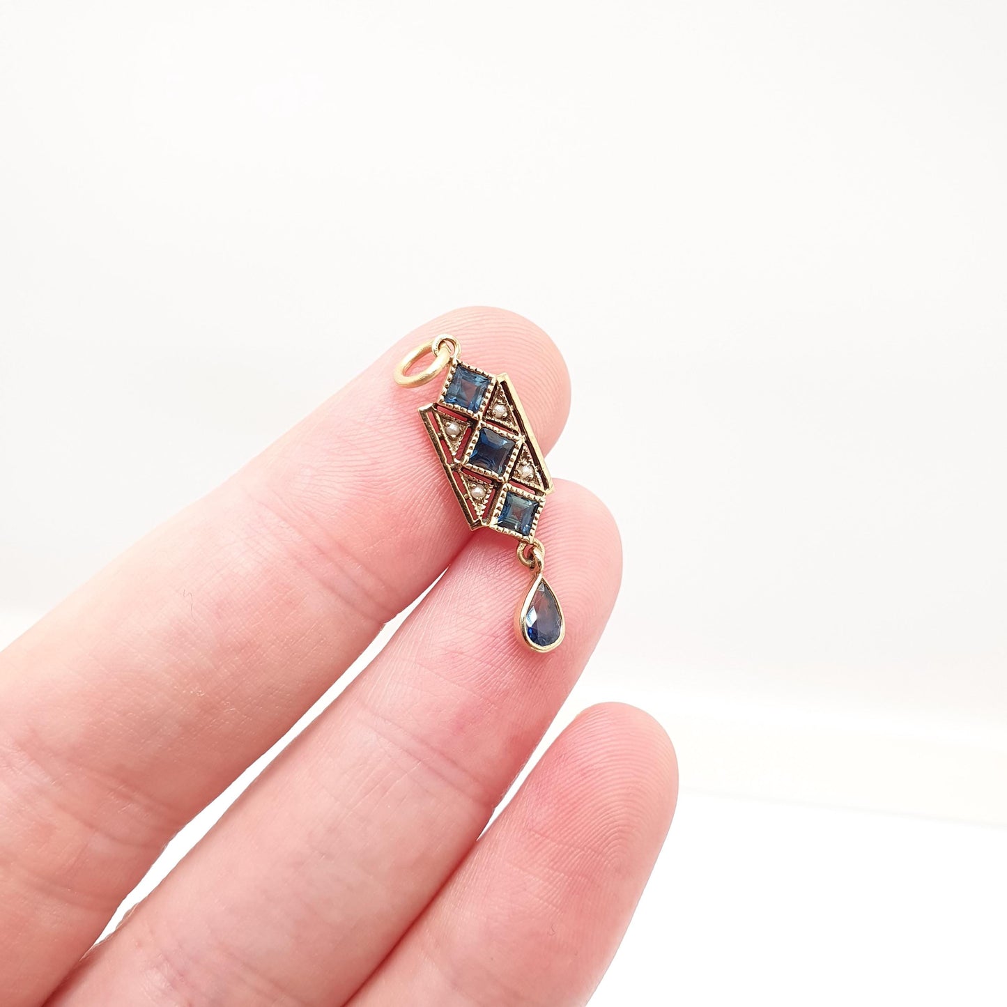 Antique 9ct 9k Gold Art Deco Sapphire Pendant Seed Pearl Necklace Square Cut Hanging Pear Cut Solid 9kt Vintage
