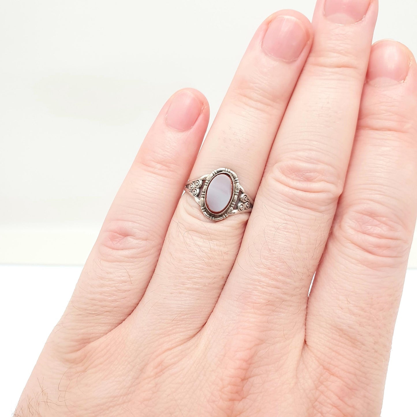 Antique Victorian Solid Silver Agate Signet Ring White Face Quartz Gemstone Arts and Craft Womens Vintage