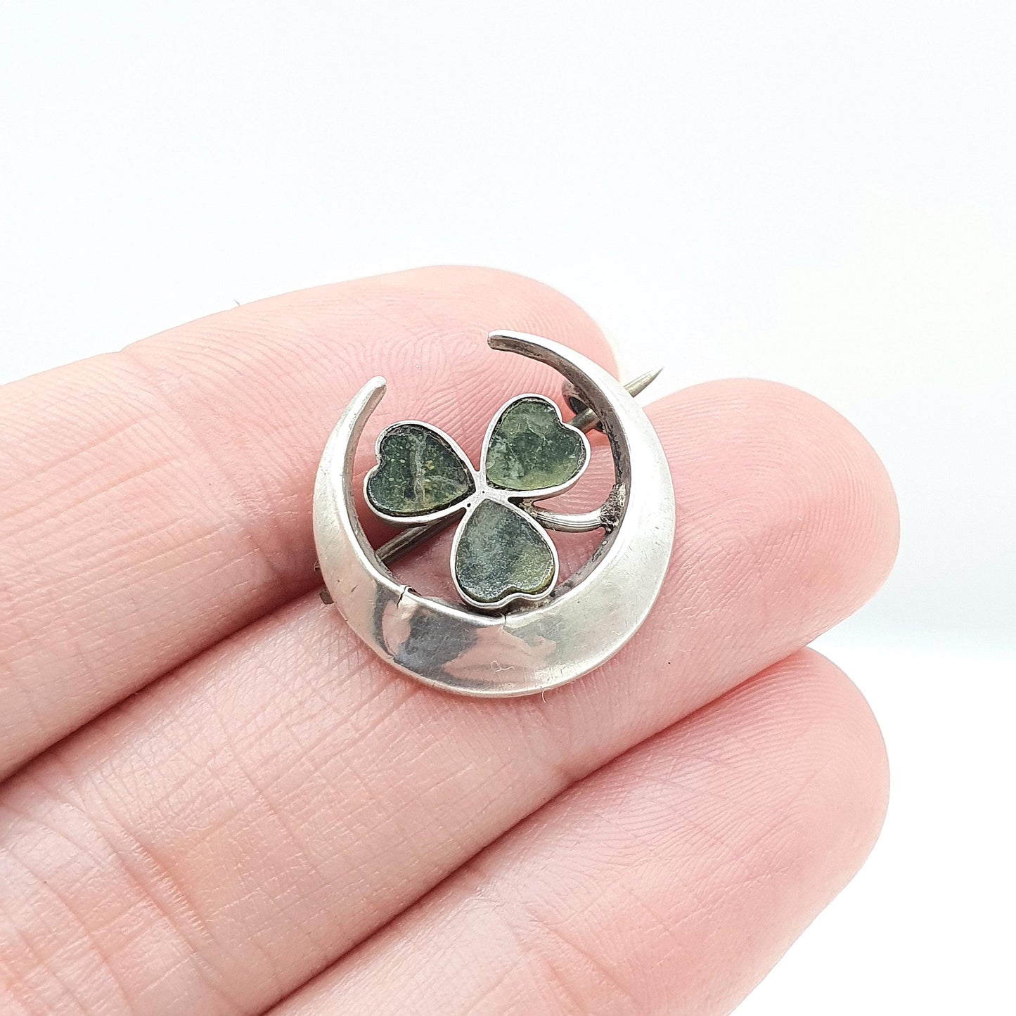 Antique Sterling Silver Connemara Marble Clover Crescent Moon Brooch Womens Jewellery Irish Pin Celtic Lucky Jewelry