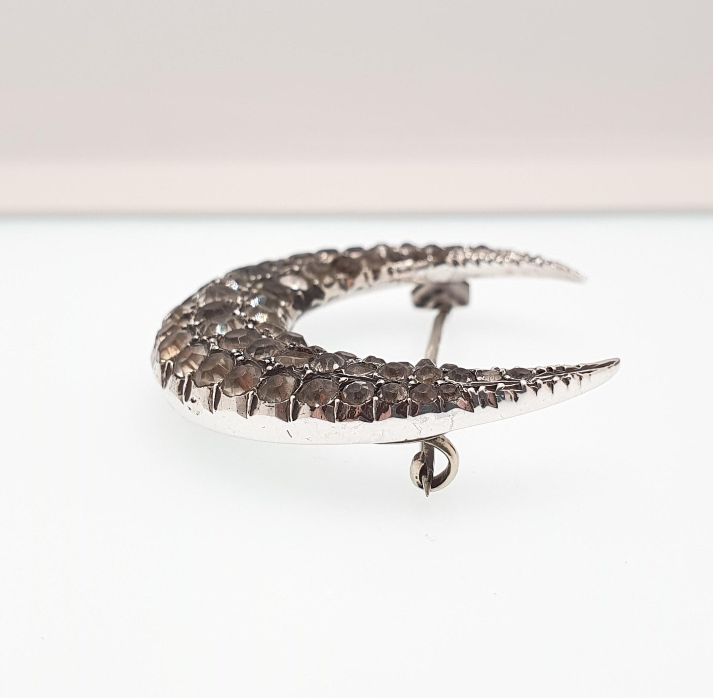 Antique Solid Silver Paste Crescent Moon Brooch Large Big Victorian Night Sparkly Celestial Jewelry Jewellery Vintage