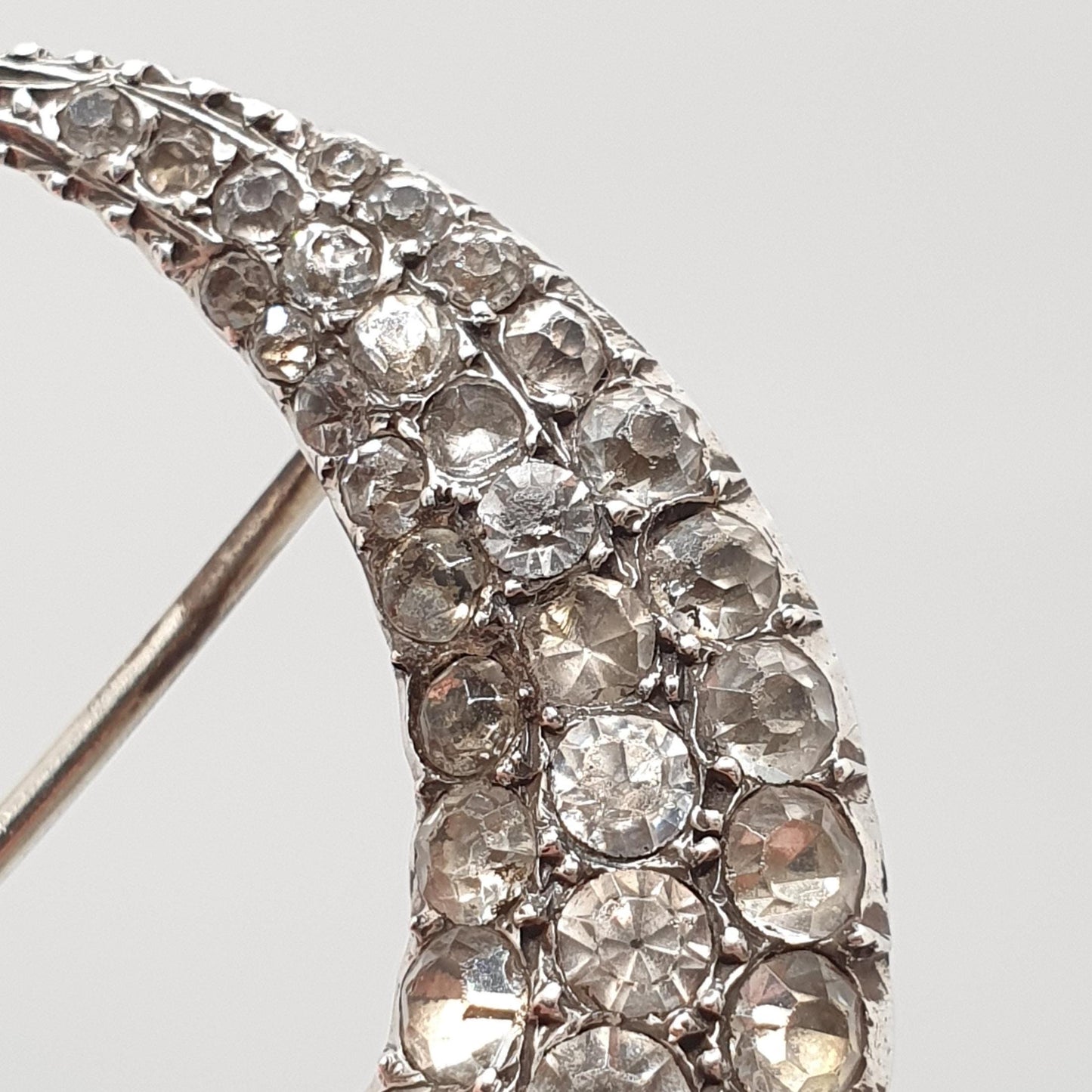 Antique Solid Silver Paste Crescent Moon Brooch Large Big Victorian Night Sparkly Celestial Jewelry Jewellery Vintage