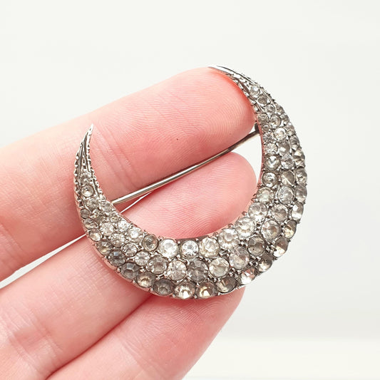 Antique Solid Silver Paste Crescent Moon Brooch Large Big Victorian Night Sparkly Celestial Jewelry Jewellery Vintage