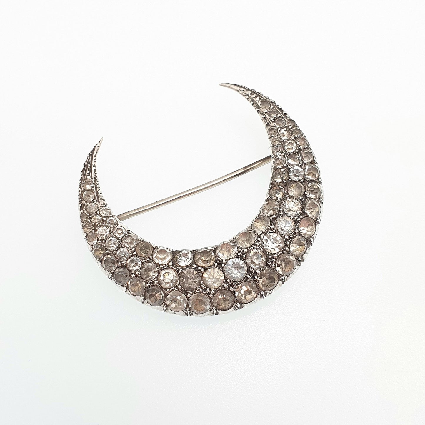 Antique Solid Silver Paste Crescent Moon Brooch Large Big Victorian Night Sparkly Celestial Jewelry Jewellery Vintage