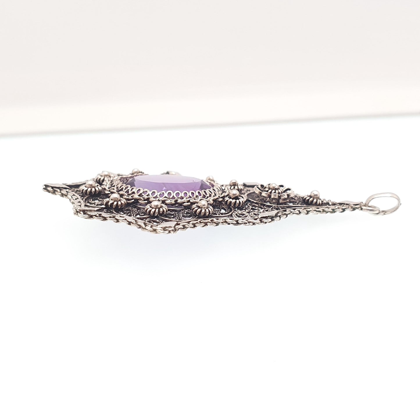 Antique Amethyst Solid Silver Filigree Necklace Pendant Handmade Genuine Gemstone Oval Cut Fine Womens Jewelry Jewellery