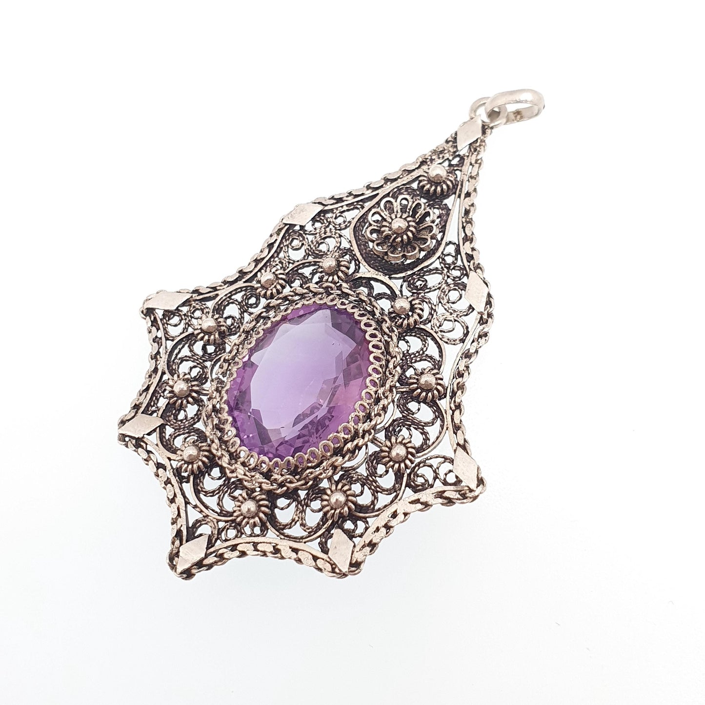 Antique Amethyst Solid Silver Filigree Necklace Pendant Handmade Genuine Gemstone Oval Cut Fine Womens Jewelry Jewellery