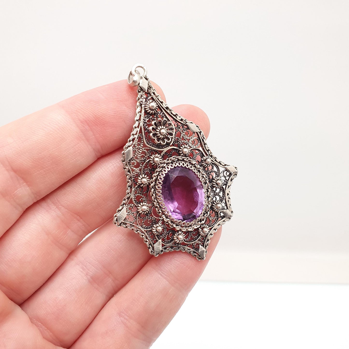 Antique Amethyst Solid Silver Filigree Necklace Pendant Handmade Genuine Gemstone Oval Cut Fine Womens Jewelry Jewellery