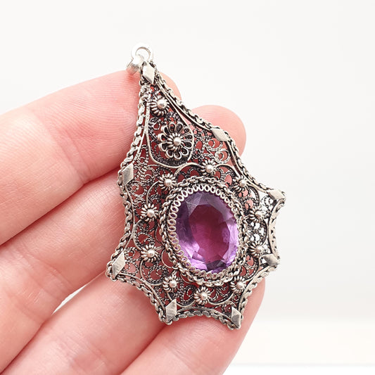 Antique Amethyst Solid Silver Filigree Necklace Pendant Handmade Genuine Gemstone Oval Cut Fine Womens Jewelry Jewellery