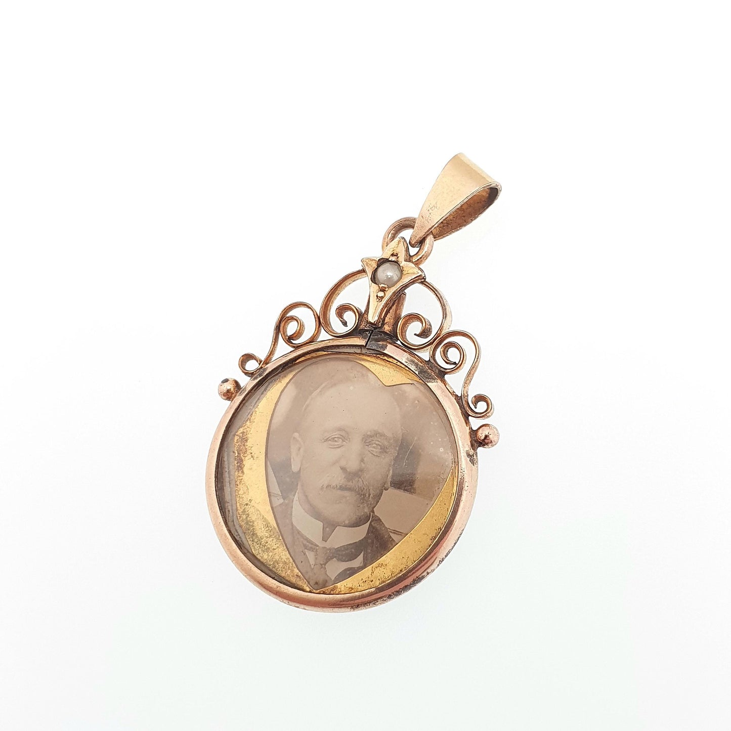 Antique Rose Rolled Gold Locket Seed Pearl Picture Pendant Gold Filled Double Sided Picture Round Circle Necklace Photo Jewelry Jewellery