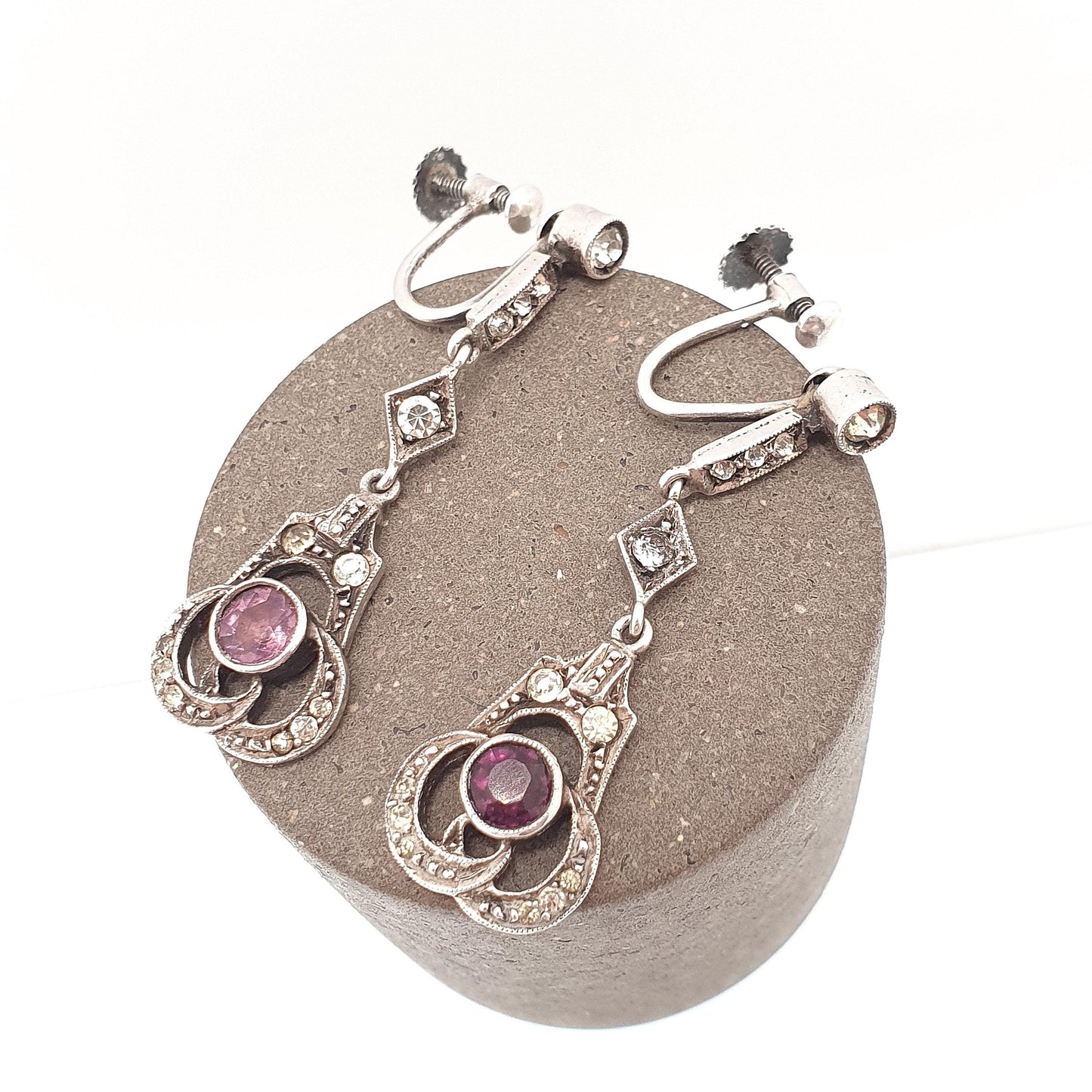 Antique Solid Silver Amethyst & Diamond Paste Earrings Art Deco Hanging Drop Pendulum Chandelier 1920s Vintage Jewelry Jewellery