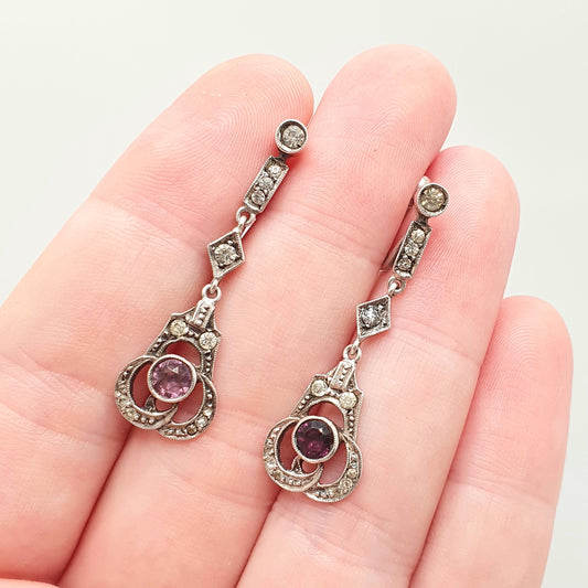 Antique Solid Silver Amethyst & Diamond Paste Earrings Art Deco Hanging Drop Pendulum Chandelier 1920s Vintage Jewelry Jewellery