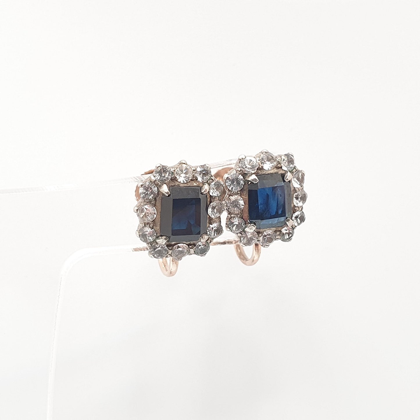 Antique 9ct 9k Gold Blue & White Sapphire Earrings Victorian Solid Silver Genuine Gemstone Cluster Screw Back Vintage Jewelry Jewellery