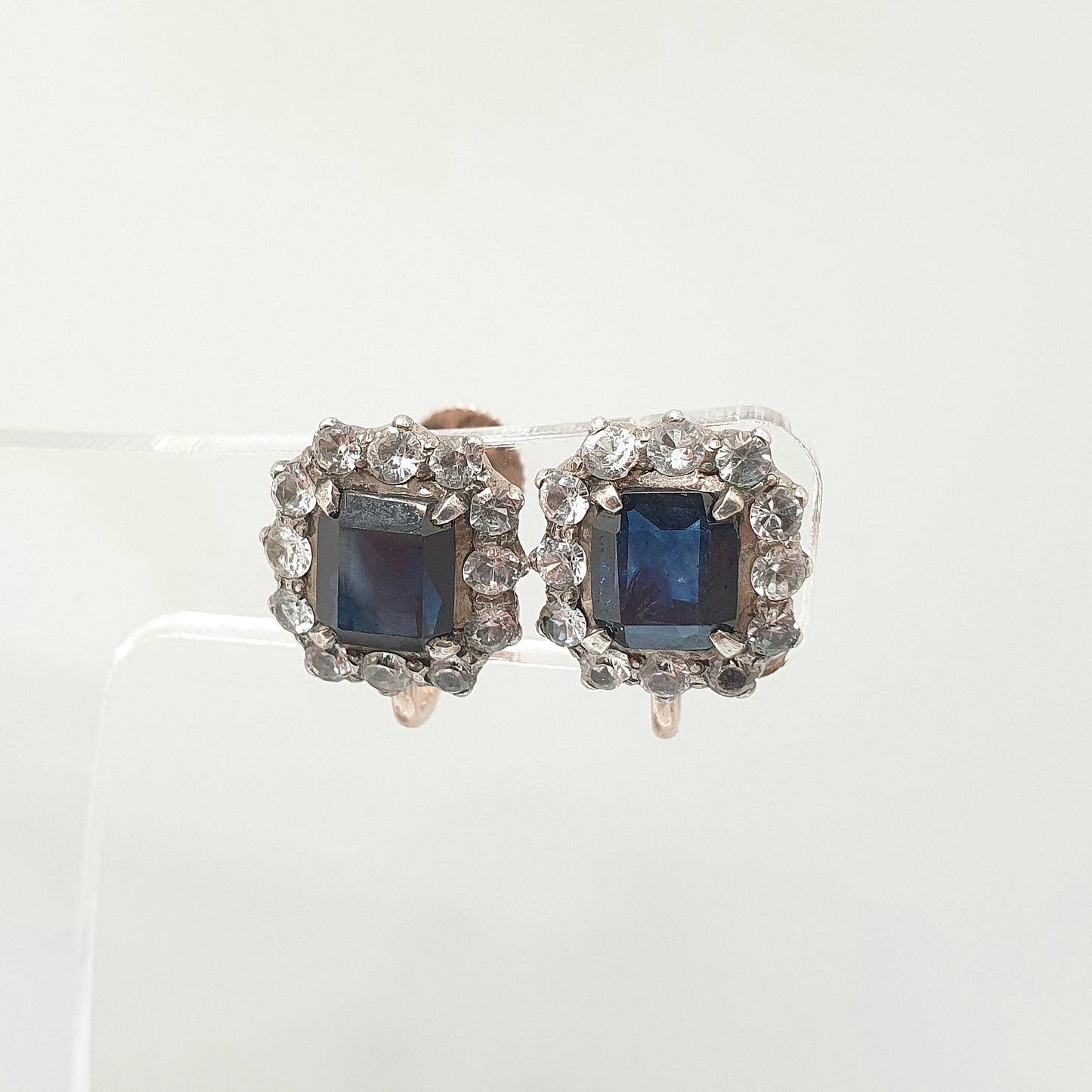 Antique 9ct 9k Gold Blue & White Sapphire Earrings Victorian Solid Silver Genuine Gemstone Cluster Screw Back Vintage Jewelry Jewellery