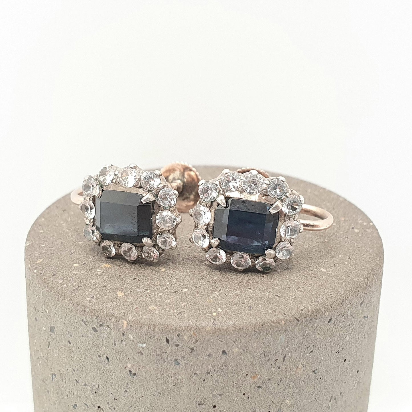 Antique 9ct 9k Gold Blue & White Sapphire Earrings Victorian Solid Silver Genuine Gemstone Cluster Screw Back Vintage Jewelry Jewellery