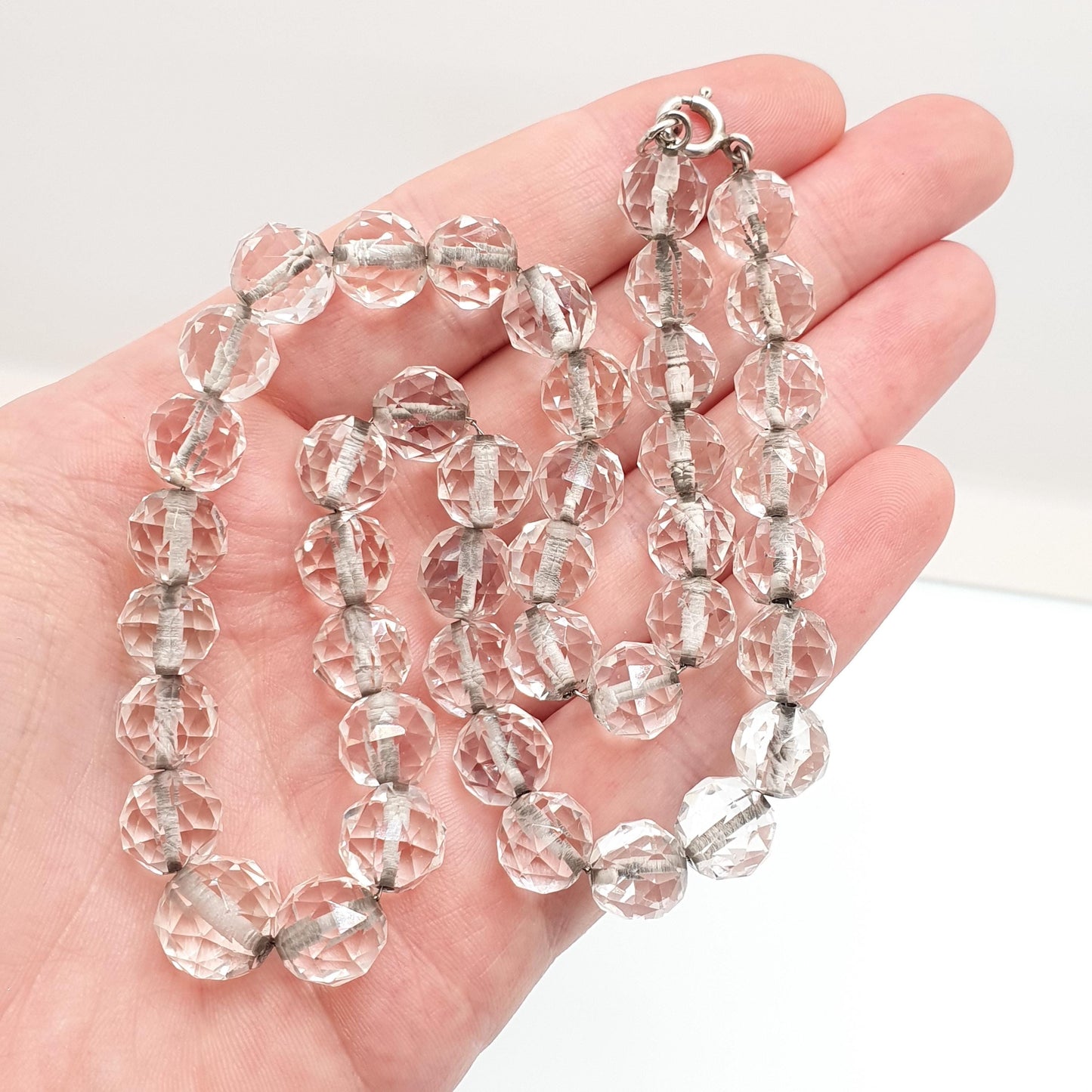 Antique Rock Crystal Quartz Bead Necklace Solid Silver Art Deco Pools of Light Faceted Genuine Gemstone Fine Vintage Jewelry Jewellery