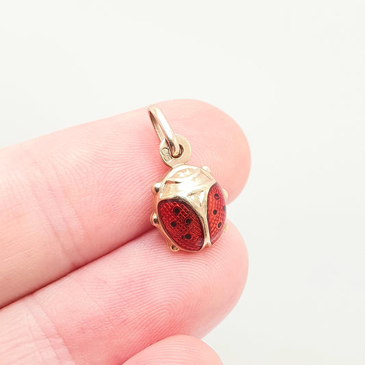 Vintage 9k 9ct Gold Ladybird Ladybug Charm Pendant Red Enamel Black Spots Necklace Insect Big Womens Jewelry Jewellery Retro