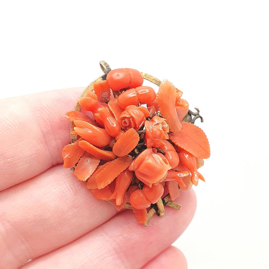 Antique Victorian Coral Brooch Gold Gilt Handmade Large Big Branch Salmon Orange Vintage Hand Carved Womens Jewellery Jewelry
