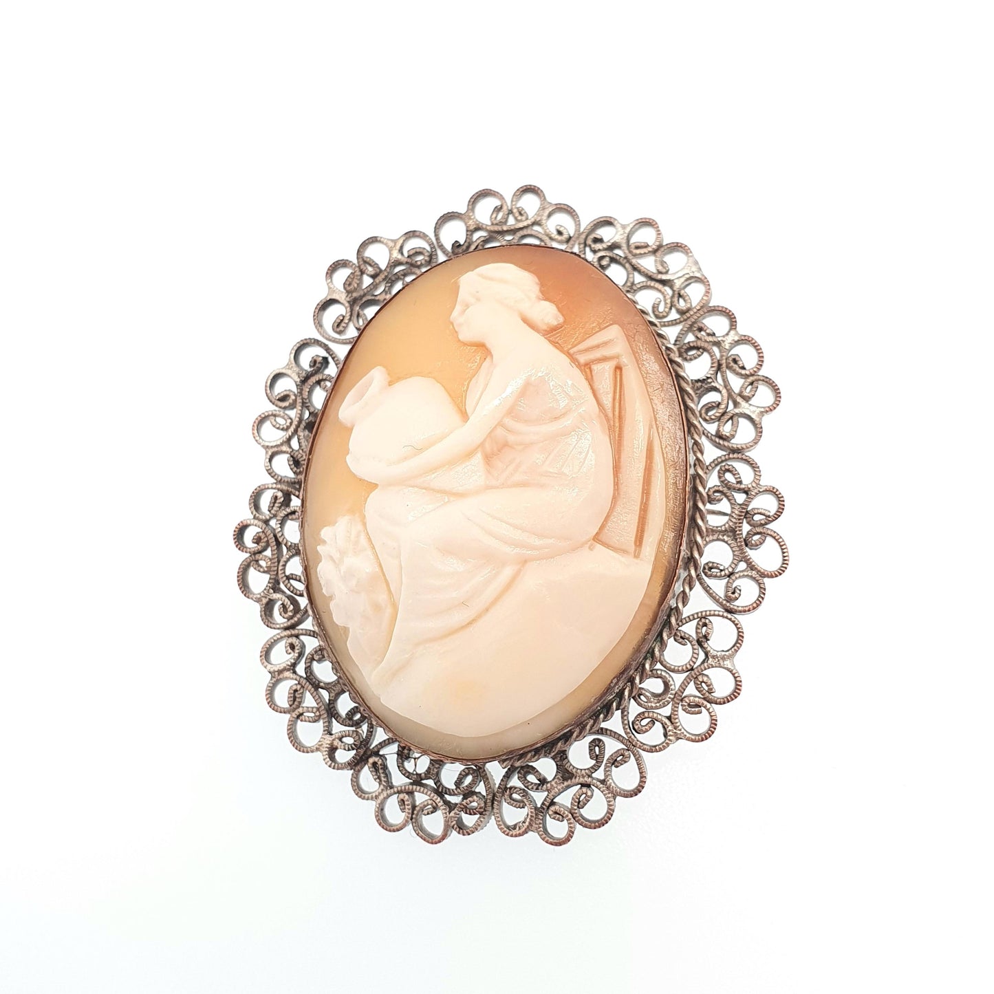 Antique Victorian Cameo Brooch Lady with Water Vase Pot Aquarius Silver Plate Filigree Handmade Carved Shell Genuine Italy European Italian