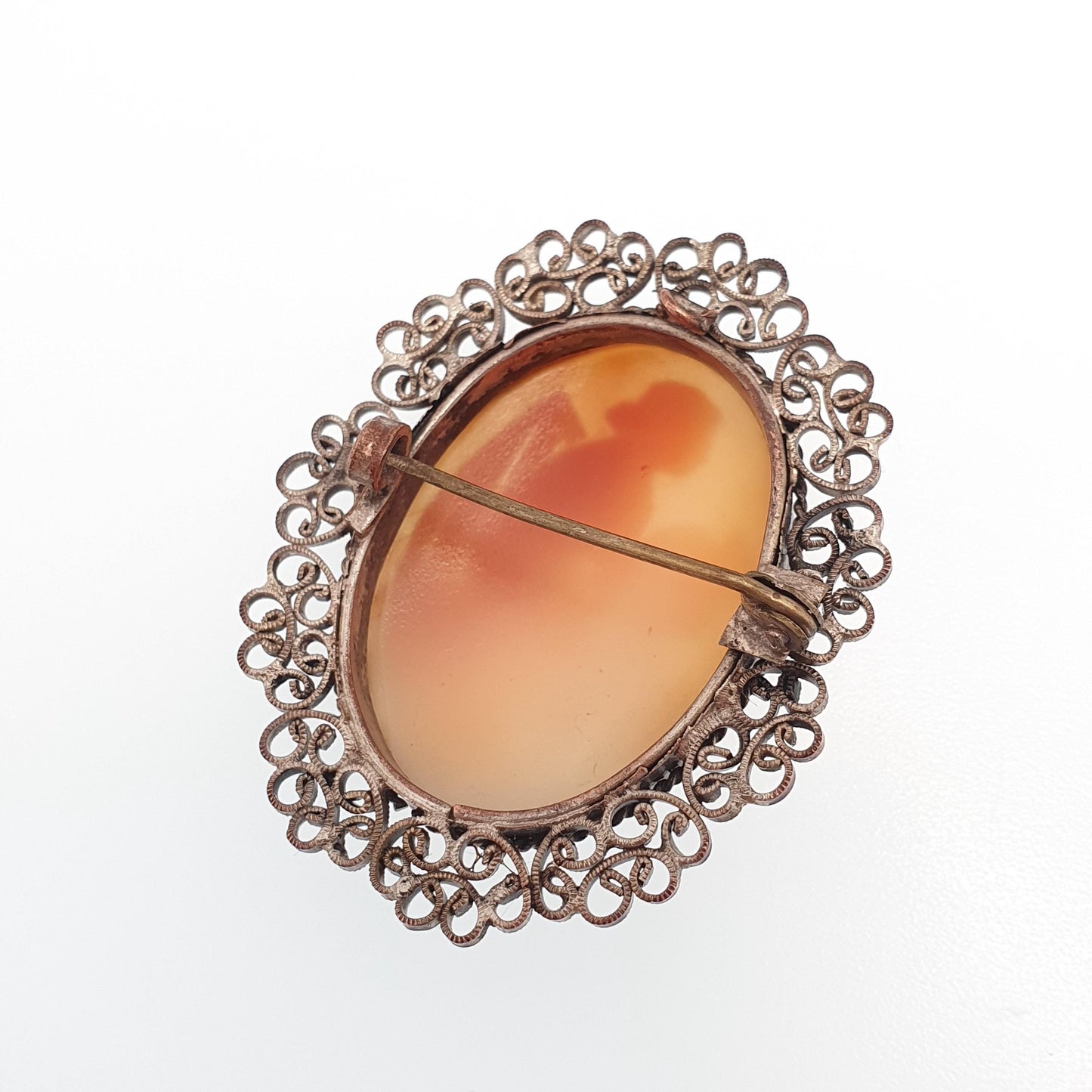 Antique Victorian Cameo Brooch Lady with Water Vase Pot Aquarius Silver Plate Filigree Handmade Carved Shell Genuine Italy European Italian