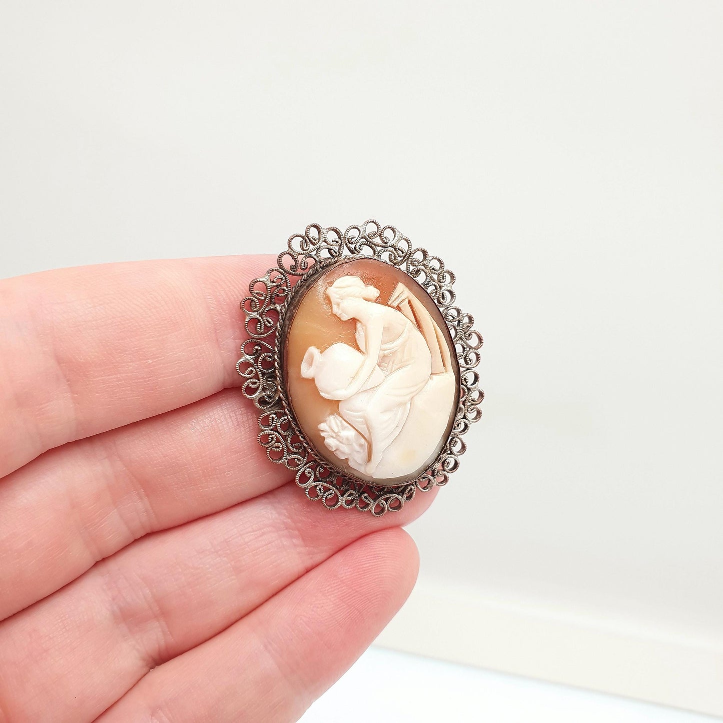 Antique Victorian Cameo Brooch Lady with Water Vase Pot Aquarius Silver Plate Filigree Handmade Carved Shell Genuine Italy European Italian