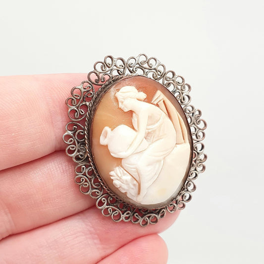 Antique Victorian Cameo Brooch Lady with Water Vase Pot Aquarius Silver Plate Filigree Handmade Carved Shell Genuine Italy European Italian