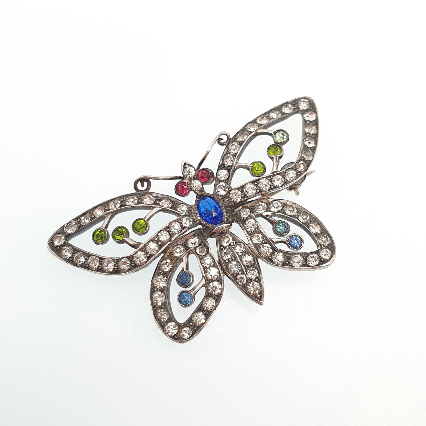 Antique Sterling Silver Butterfly Brooch Multi-coloured Paste Pendant Necklace Insect Bug Art Deco 1920s Large Big