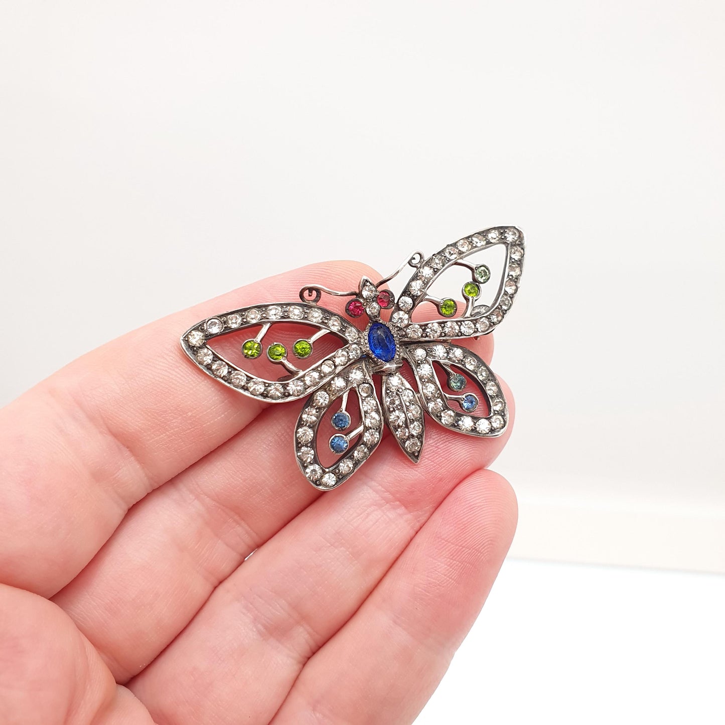 Antique Sterling Silver Butterfly Brooch Multi-coloured Paste Pendant Necklace Insect Bug Art Deco 1920s Large Big