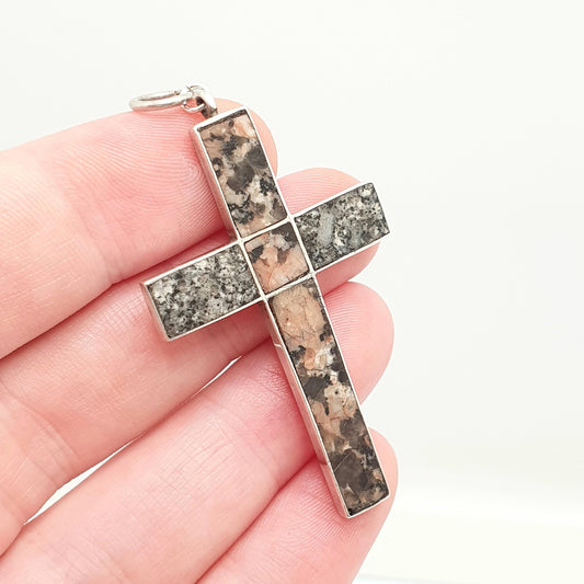 Antique Victorian Solid Silver Scottish Cross Necklace Pendant Aberdeenshire Agate Crucifix Speckled Pink Grey Big Large Vintage