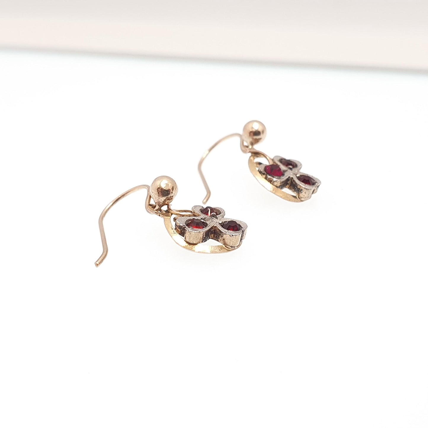 Antique 9ct 375 Gold Clover Earrings Ruby Paste Edwardian Solid Silver Solid 9k 9kt Hook Good Luck Lucky Vintage