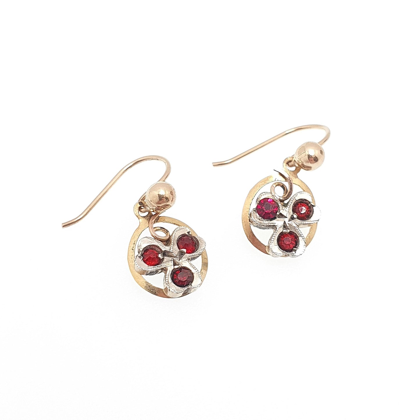 Antique 9ct 375 Gold Clover Earrings Ruby Paste Edwardian Solid Silver Solid 9k 9kt Hook Good Luck Lucky Vintage