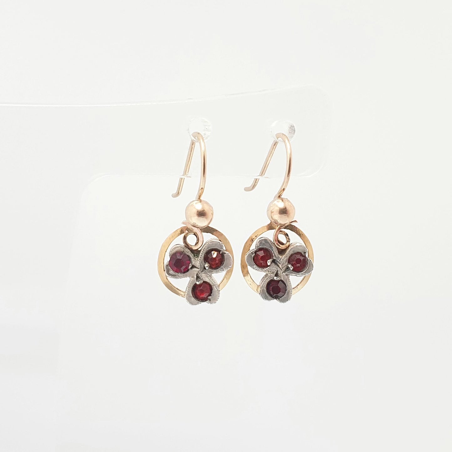 Antique 9ct 375 Gold Clover Earrings Ruby Paste Edwardian Solid Silver Solid 9k 9kt Hook Good Luck Lucky Vintage