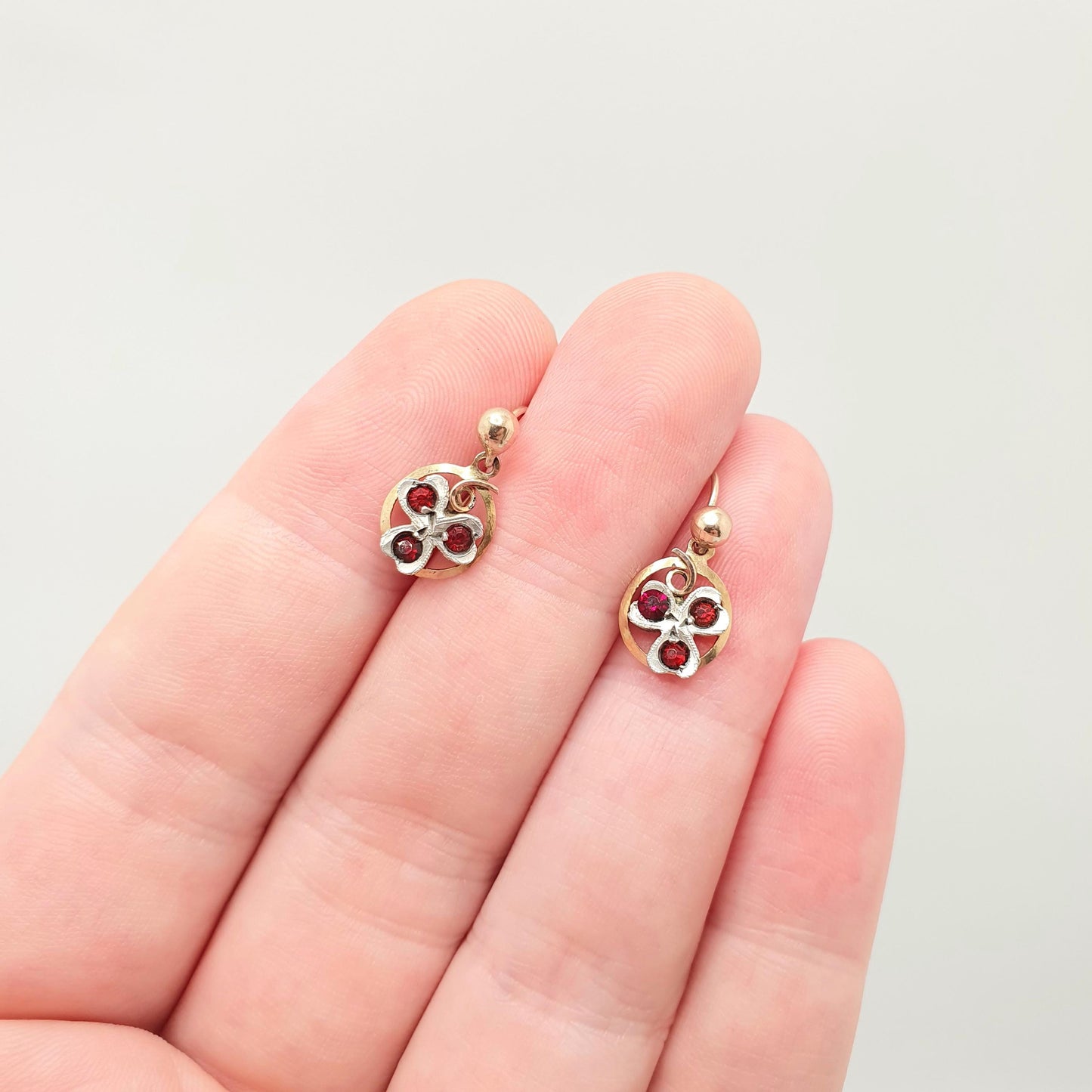 Antique 9ct 375 Gold Clover Earrings Ruby Paste Edwardian Solid Silver Solid 9k 9kt Hook Good Luck Lucky Vintage