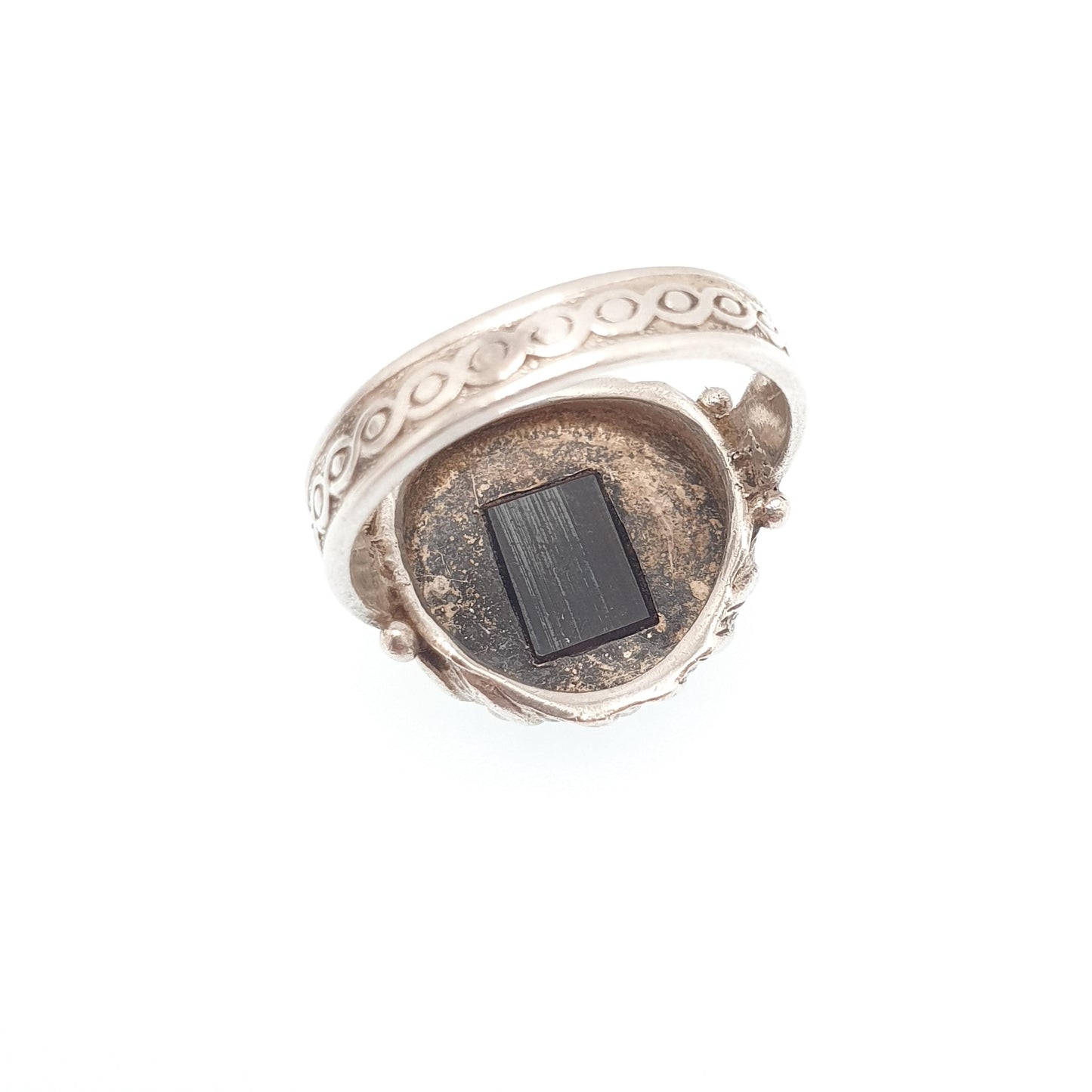 Antique Solid Silver Intaglio Signet Ring Hematite Centurion Hand Carved Gemstone 1920s Black Mens Womens