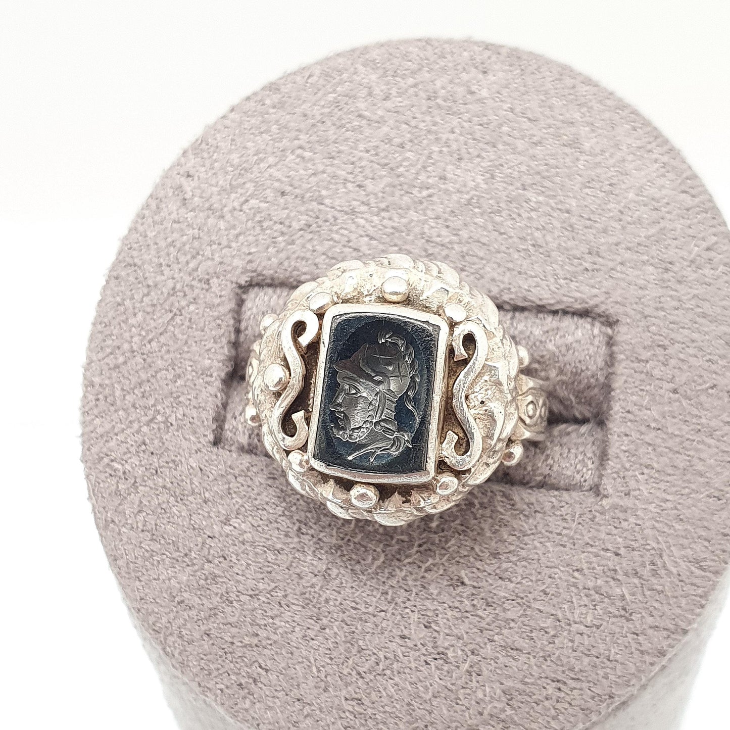Antique Solid Silver Intaglio Signet Ring Hematite Centurion Hand Carved Gemstone 1920s Black Mens Womens
