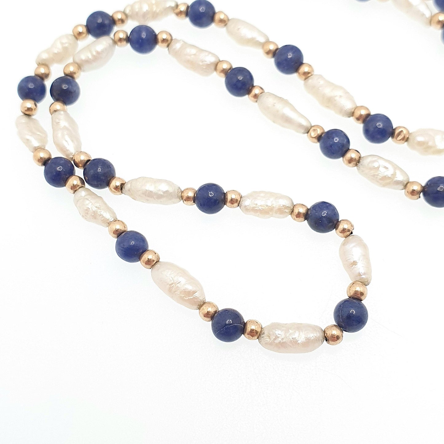 Vintage 9ct Gold Lapis Lazuli Bead Necklace Freshwater Pearl Solid 9k 375 9kt Blue Gemstone 40cm 15.7" 6.21g Womens
