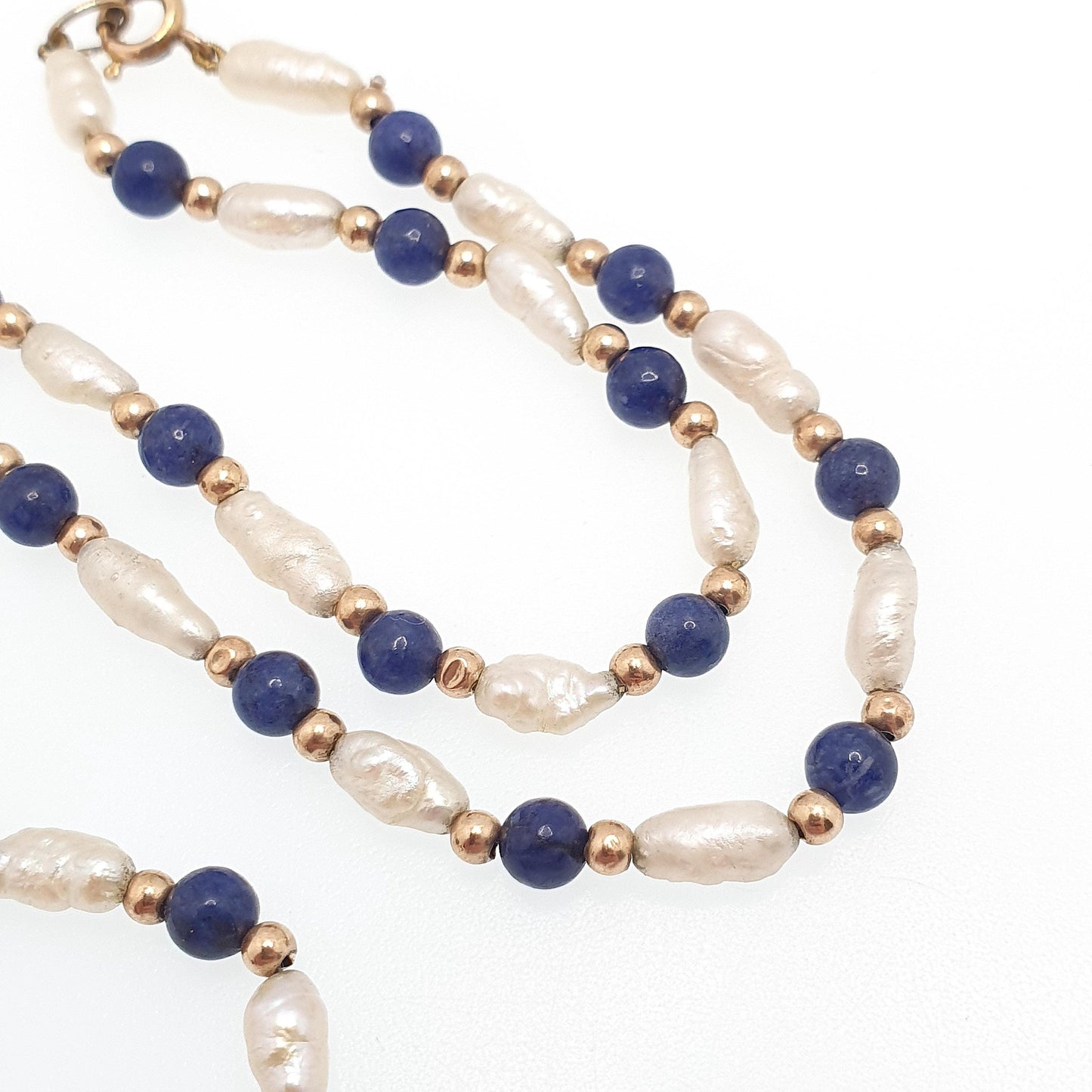 Vintage 9ct Gold Lapis Lazuli Bead Necklace Freshwater Pearl Solid 9k 375 9kt Blue Gemstone 40cm 15.7" 6.21g Womens