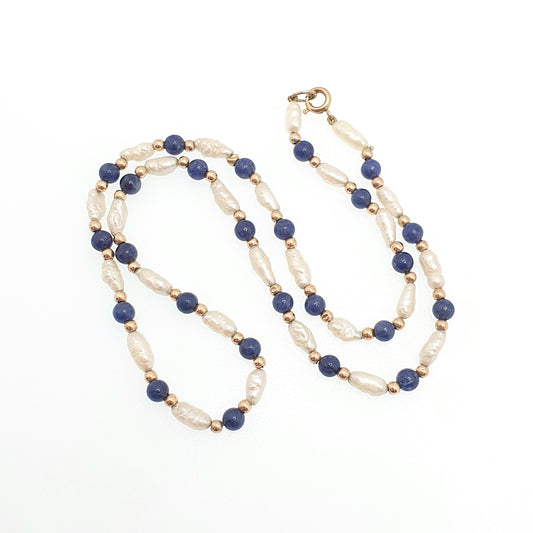 Vintage 9ct Gold Lapis Lazuli Bead Necklace Freshwater Pearl Solid 9k 375 9kt Blue Gemstone 40cm 15.7" 6.21g Womens