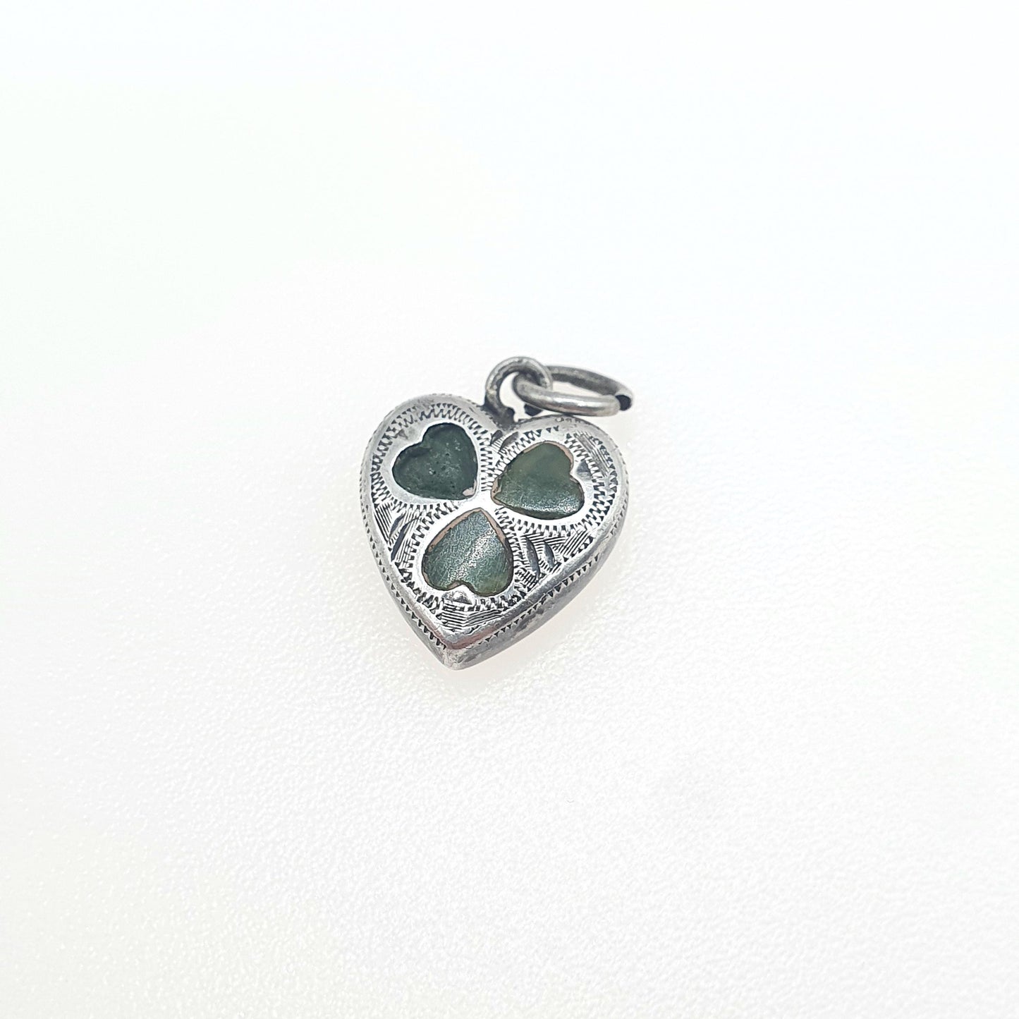 Antique Sterling Silver Connemara Marble Clover Charm Pendant Heart Necklace Lucky Good Luck Jewelry Vintage Jewellery