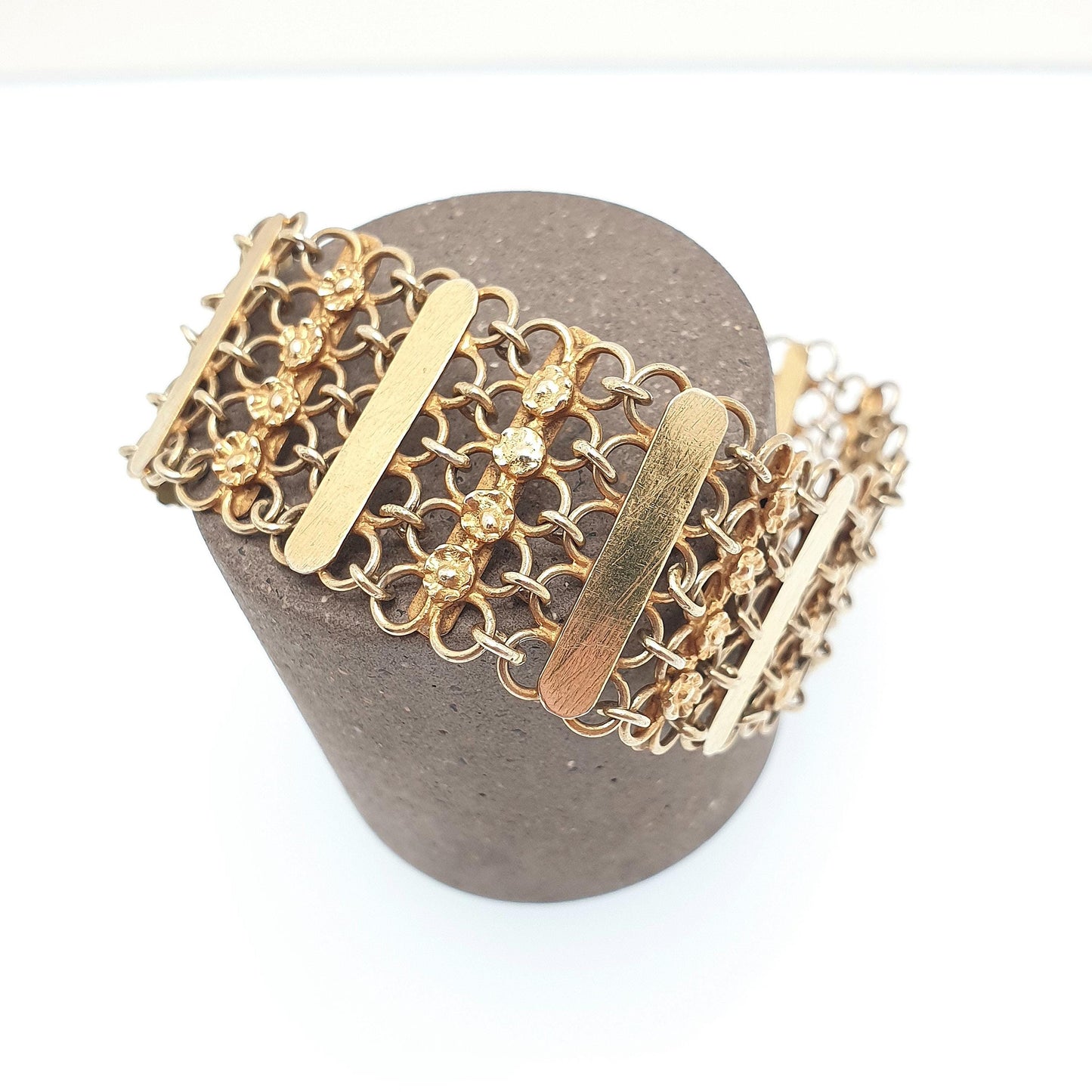 Antique Victorian Gold on Solid Silver Bracelet Gate Link Chainmail Indian Style 25.52g 19cm Flower Womens Jewelry Retro Jewellery
